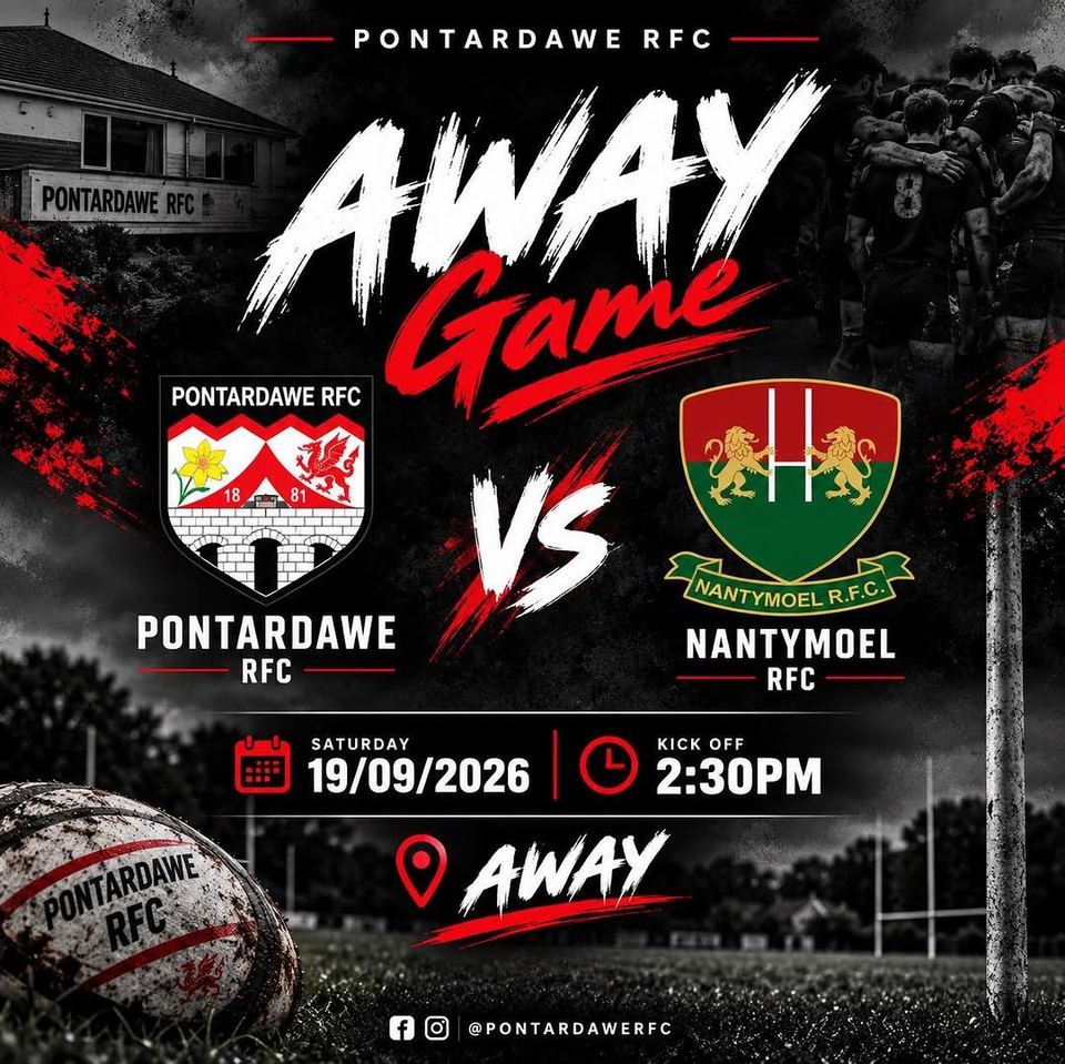 Away game poster: Pontardawe RFC v Nantymoel RFC, Saturday 19/09/2026, kick-off 2:30pm, away