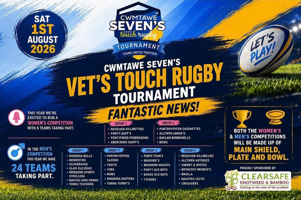 Cwmtawe Seven's vets' touch rugby tournament, Saturday 1st August 2026: women's competition with 8 teams and men's competition with 24 teams