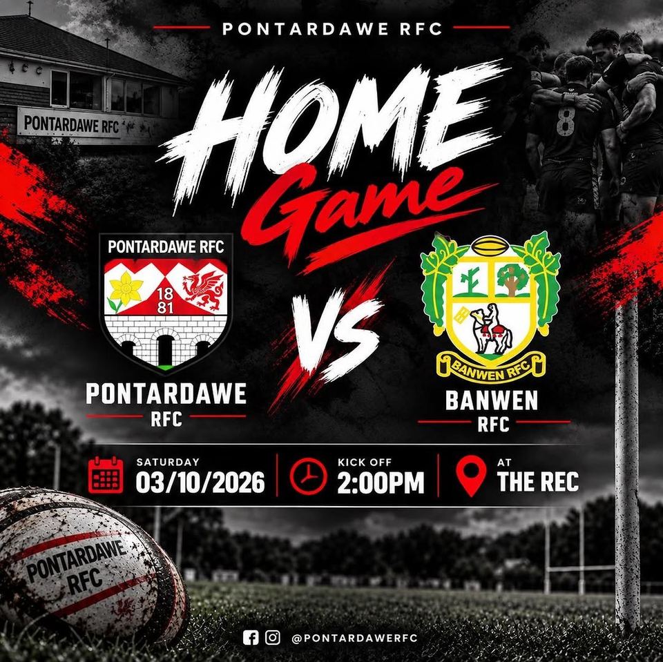 Home game poster: Pontardawe RFC v Banwen RFC, Saturday 03/10/2026, kick-off 2pm at The Rec