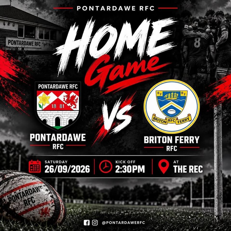 Home game poster: Pontardawe RFC v Briton Ferry RFC, Saturday 26/09/2026, kick-off 2:30pm at The Rec