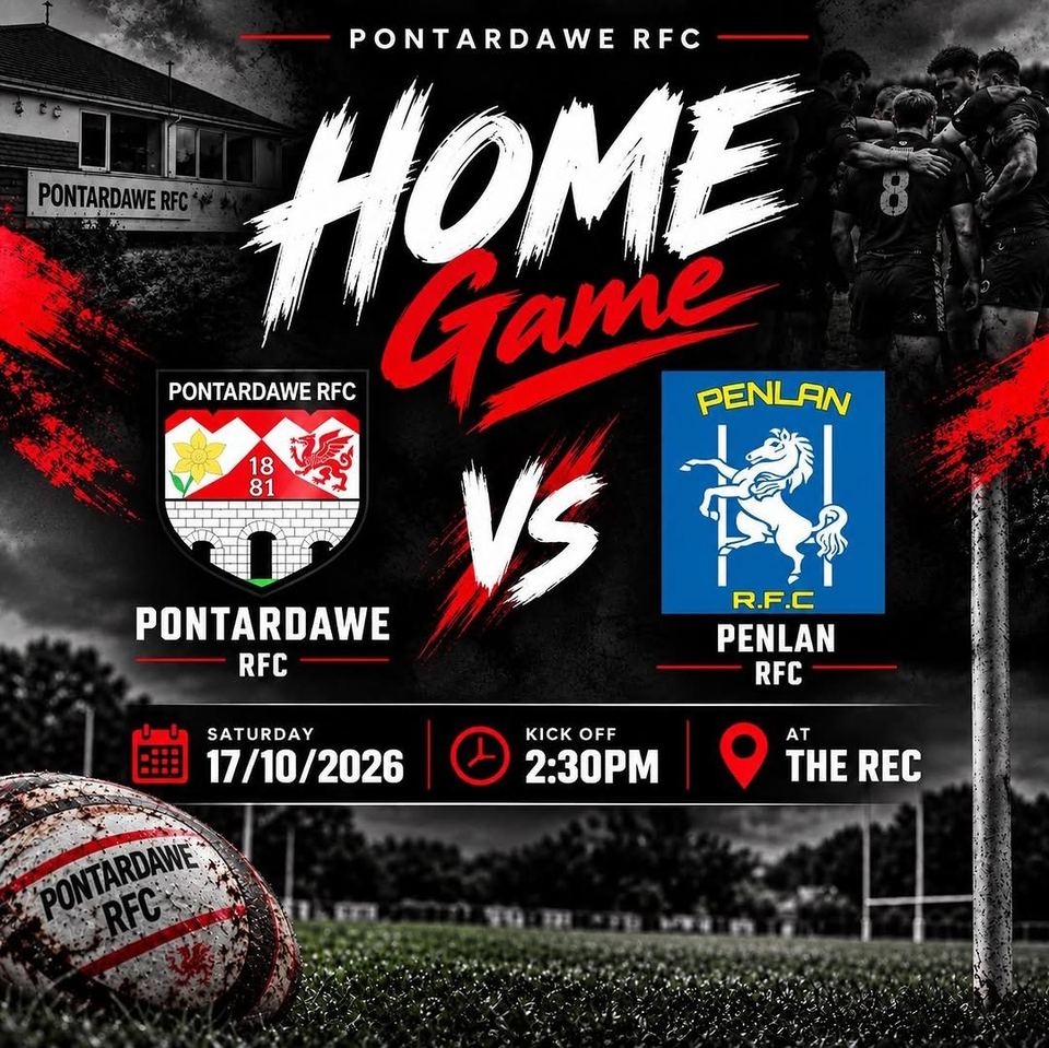 Home game poster: Pontardawe RFC v Penlan RFC, Saturday 17/10/2026, kick-off 2:30pm at The Rec