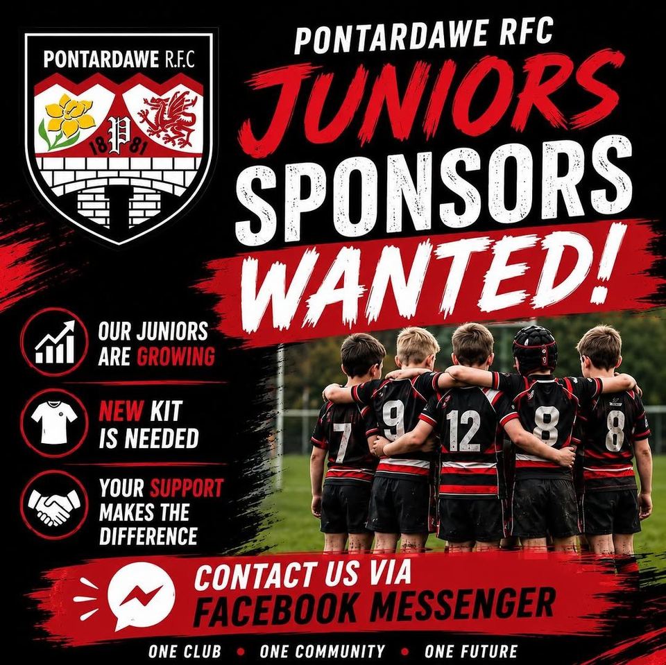 Pontardawe RFC Juniors sponsors wanted: our juniors are growing, new kit is needed, contact us via Facebook Messenger