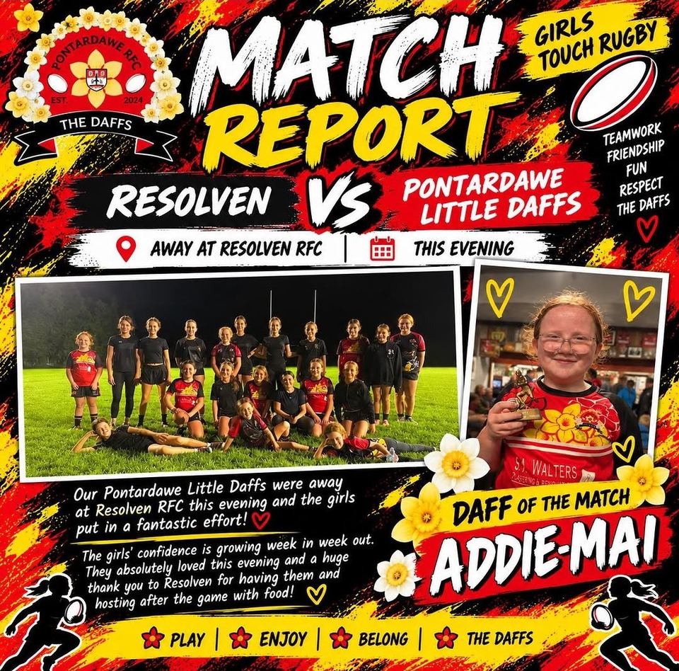Match report: Resolven v Pontardawe Little Daffs girls' touch rugby, team photo and Daff of the match Addie-Mai