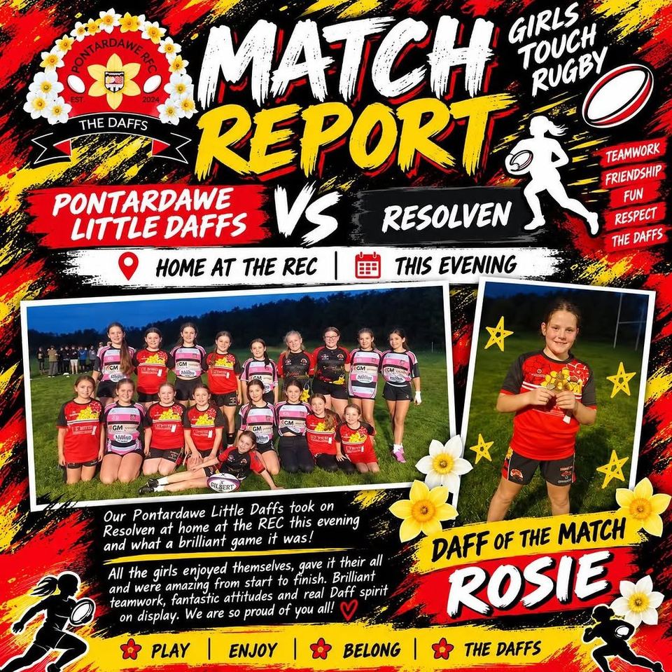 Match report: Pontardawe Little Daffs v Resolven at the Rec, team photo and Daff of the match Rosie