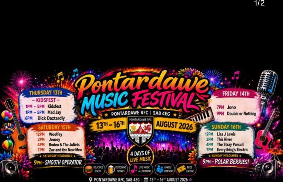 Pontardawe Music Festival 13th to 16th August 2026 at Pontardawe RFC, SA8 4EG: the four days' line-up, Kidsfest, and Saturday and Sunday headliners