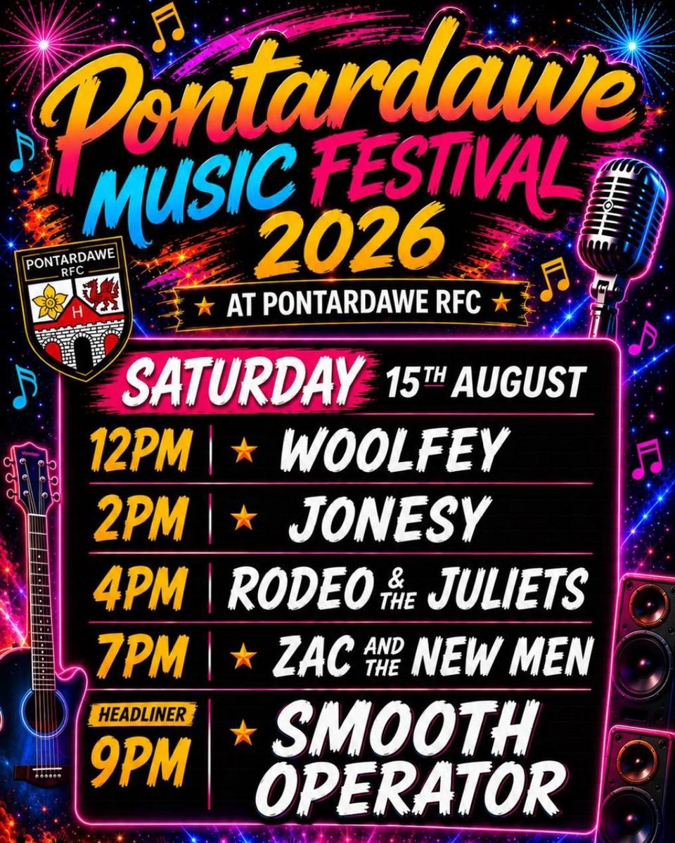 Pontardawe Music Festival 2026, Saturday 15th August: Woolfey, Jonesy, Rodeo and the Juliets, Zac and the New Men, headliner Smooth Operator at 9pm