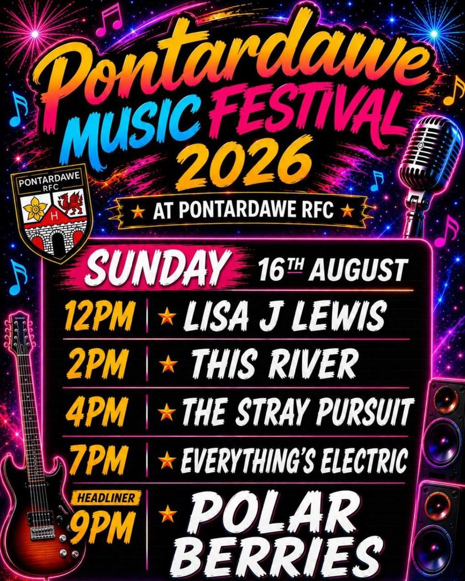Pontardawe Music Festival 2026, Sunday 16th August: Lisa J Lewis, This River, The Stray Pursuit, Everything's Electric, headliner Polar Berries at 9pm