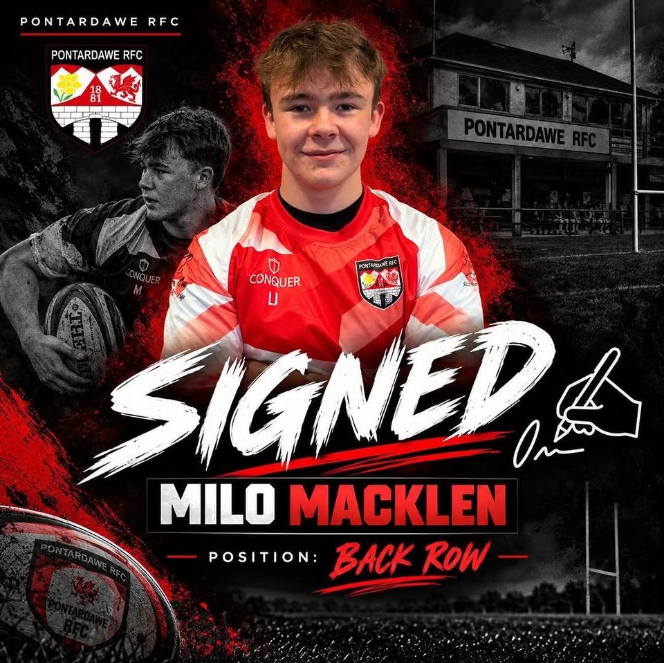 Signed: Milo Macklen, position back row, in the Pontardawe RFC shirt