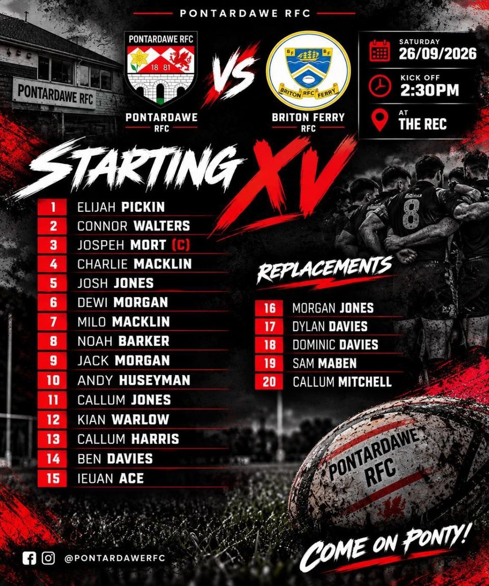 Starting XV for Pontardawe RFC v Briton Ferry RFC, Saturday 26/09/2026, kick-off 2:30pm at The Rec