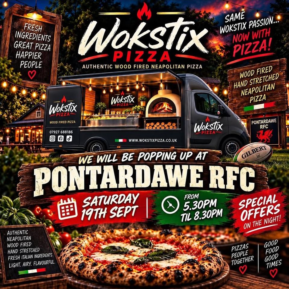 Wokstix Pizza will be popping up at Pontardawe RFC, Saturday 19th September, from 5:30pm til 8:30pm