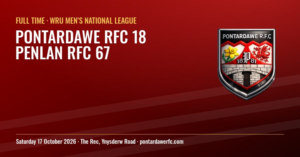 Full time: Pontardawe RFC 18–67 Penlan RFC, WRU Men’s National League, Saturday 17 October 2026